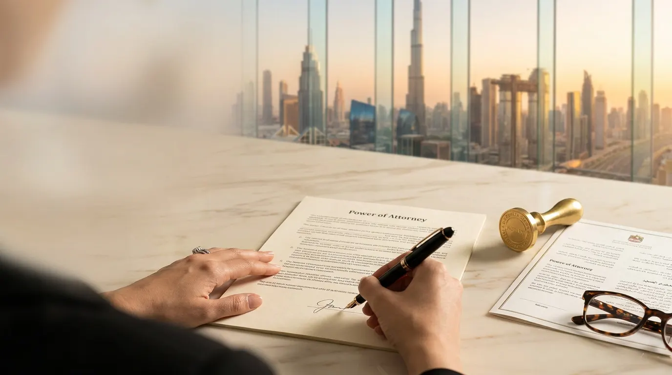 Signing a Power of Attorney with the Dubai skyline beyond