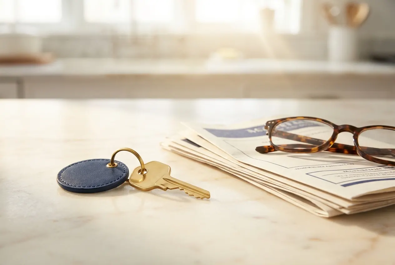 A new apartment key on a marble counter